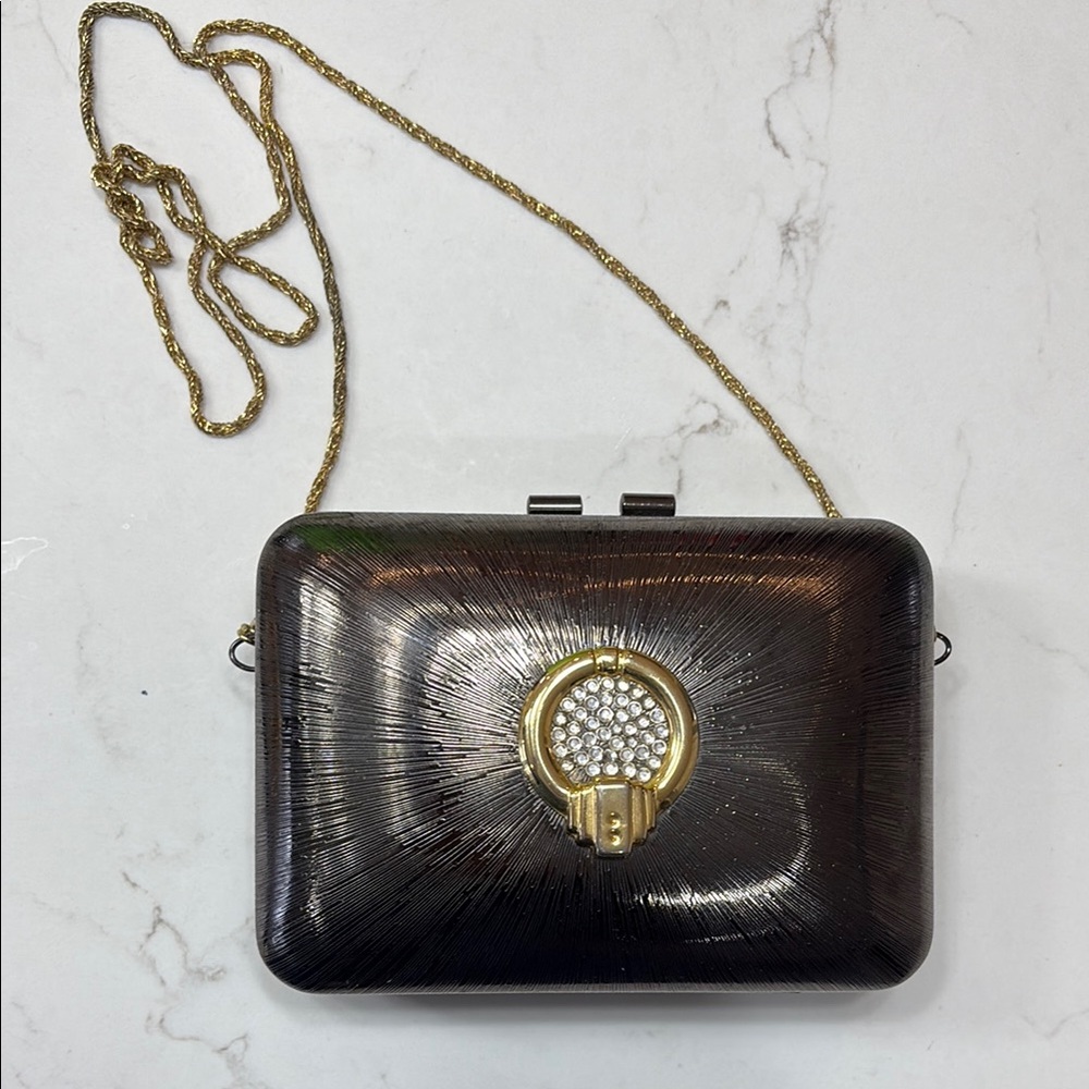 1930 art Deco Vintage pewter metal Clutch with Gold Medallion